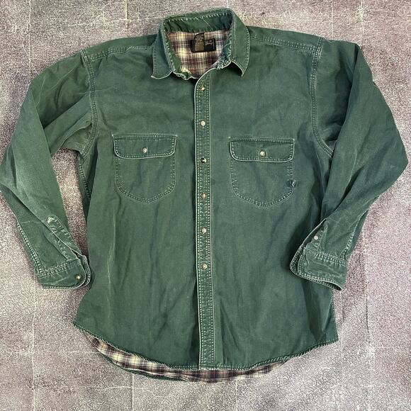 Men's Vintage 90's Eddie Bauer Green Flannel Lined Canvas Button Up Shirt Sz L - Picture 1 of 4
